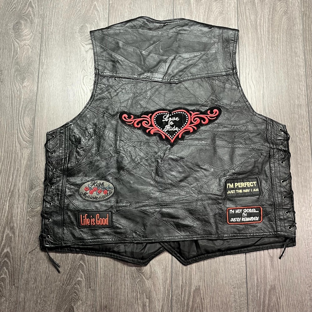 Vintage Biker Black Leather Vest 2XL XXL Biker Choppers Patches Chains Patch